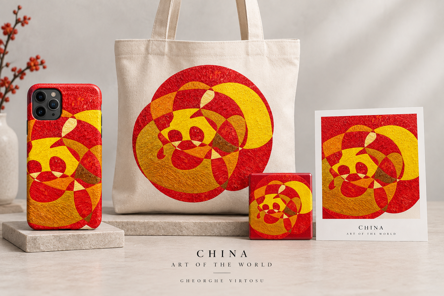 Art of the World中国系列展示于手机壳、帆布袋、冰箱贴和明信片上